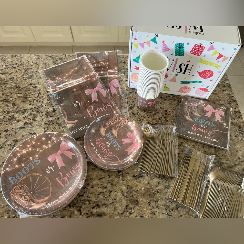 Gender Reveal Boots or Bows Party Supplies Set - serves 24